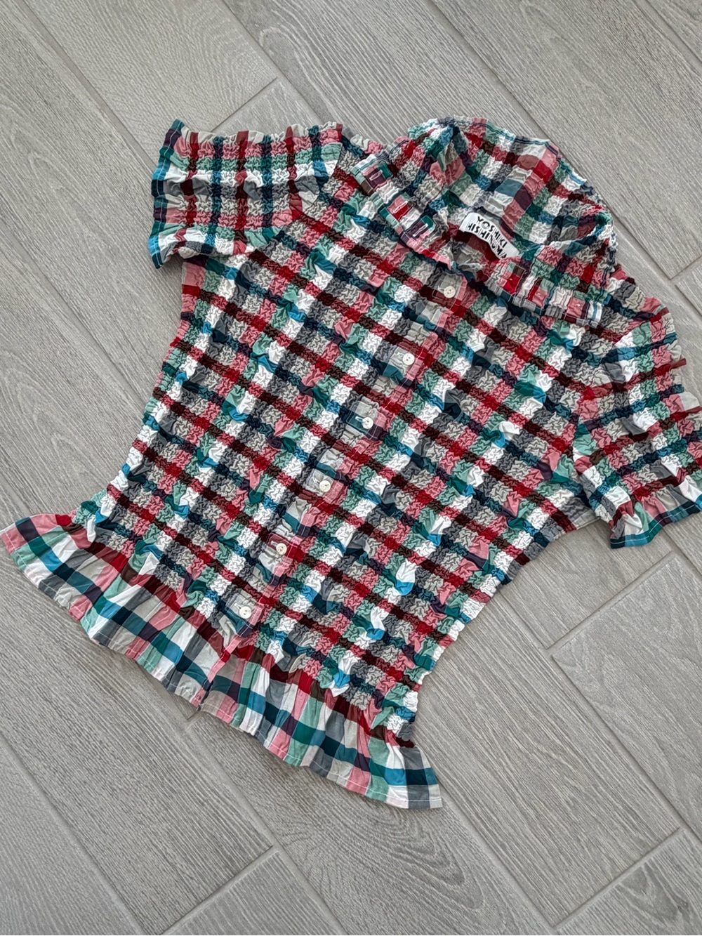 YOSHIKI HISHINUMA Vintage Y2K Japanese Crinkle Popcorn Plaid Peplum TOP VGUC